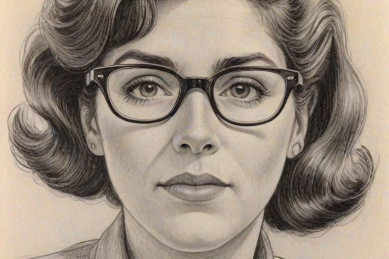 Delightful Julie Kavner, pencil sketch, portrait of Captivating woman 1946s in glasses, hair style beatnik, outline, clear lines, fine lines, 8k