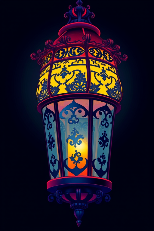 create a vibrant illustration of an ornate lantern with a glowing light inside, set against a dark background, captured using a DSLR camera with an aperture of f/2.8, ISO 100, and a focal length of 50mm, in a close-up view to highlight the intricate details and the warm glow of the light.