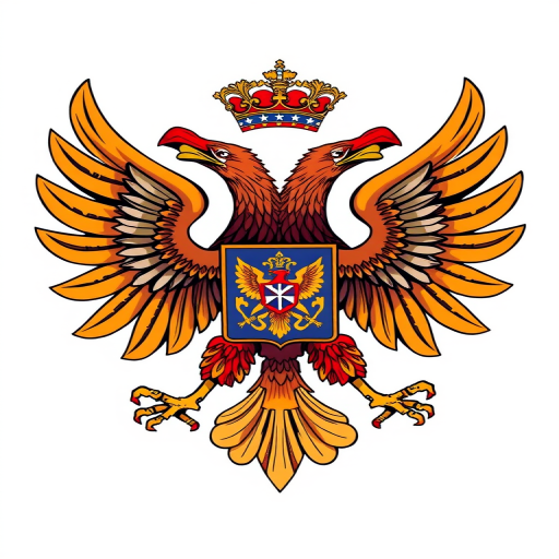 Create a detailed illustration of a double-headed eagle emblem with a vibrant color palette, showcasing intricate heraldic elements, in high resolution at 300 DPI, shot with a Canon EOS R5, 50mm lens, f/1.8 aperture, natural lighting, and from a frontal view to enhance clarity and detail.