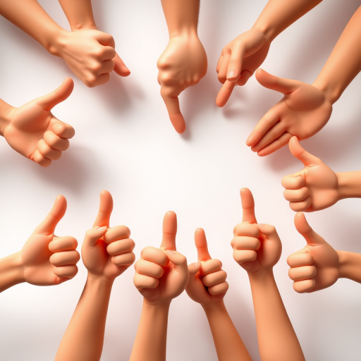 create an image of multiple 3D cartoon-style thumbs up hands with a minimalistic background, shot with a DSLR camera at f/2.8, ISO 100, 50mm lens, top-down view, soft natural lighting to enhance details and contrast