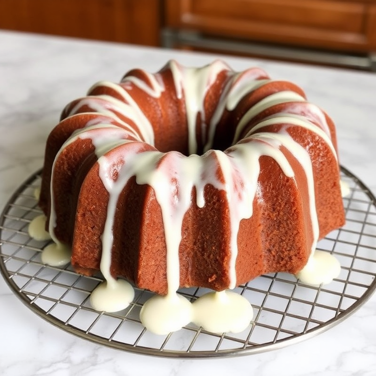 A moist bundt cake with a smooth cream glaze drizzling down the sides placed on a wire rack on a marble countertop.