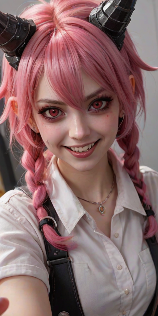 i want the whole image to be created in 3D anime style, 1girl, solo, long hair, looking at viewer, smile, open mouth, shirt, red eyes, hair between eyes, jewelry, pink hair, earrings, horns, teeth, tongue, collared shirt, tongue out, symbol-shaped pupils, eyelashes, fangs, piercing, sharp teeth, demon horns, ear piercing, portrait, red horns, cross-shaped pupils, tongue piercing, power (chainsaw man)
