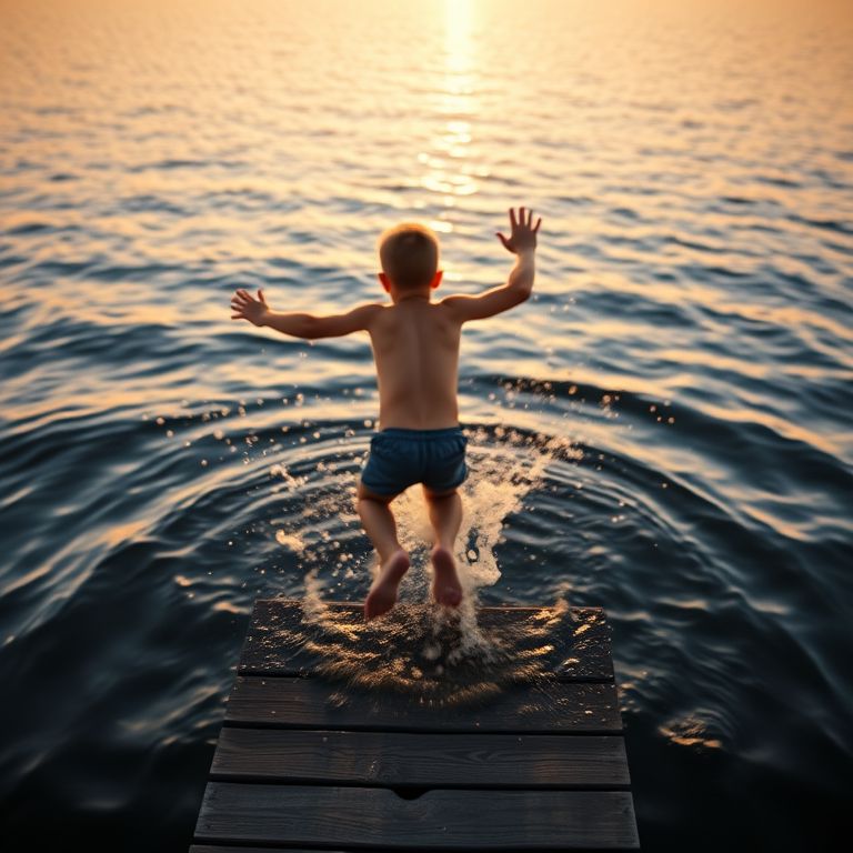 Blurry action shot of a boy jumping into a lake from a wooden dock at dusk, water splashing into the air, with the soft glow of the setting sun reflecting off the rippling surface.