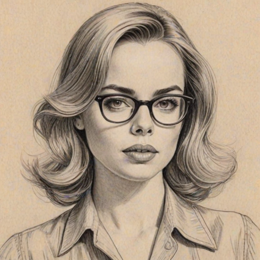 Superb Melissa George, pencil sketch, portrait of Enchanting woman 1950s in glasses, hair style beatnik, outline, clear lines, fine lines, 8k