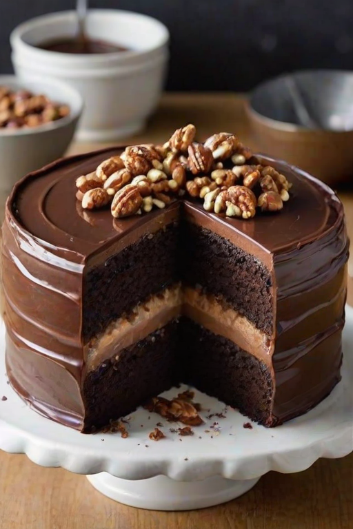 Create a rich chocolate layer cake with multiple layers, showcasing a cross-section that reveals a combination of dark chocolate cake, creamy frosting, and layers of caramel and nuts. The cake should be beautifully decorated on the outside with a glossy chocolate ganache and a sprinkle of chopped nuts on top.