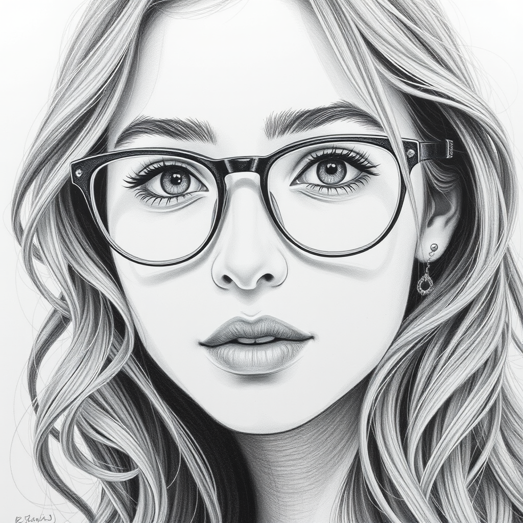 Create a stunning and detailed pencil drawing of a young woman with wavy hair and glasses, capturing her captivating expression and delicate features.