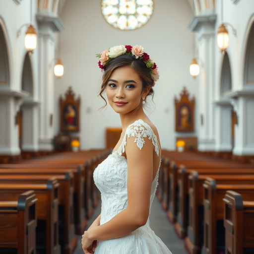 church scene, bridal model, delicate lace gown, floral headpiece, soft romantic focus, high-key lighting and an 85mm lens for soft, even tones that highlight the model’s face and bright outfit against a white or light background