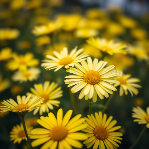 yellow daisies in full bloom with a blurred background, macro shot, f/2.8 aperture, 50mm lens, ISO 100, natural light, shallow depth of field, DSLR camera