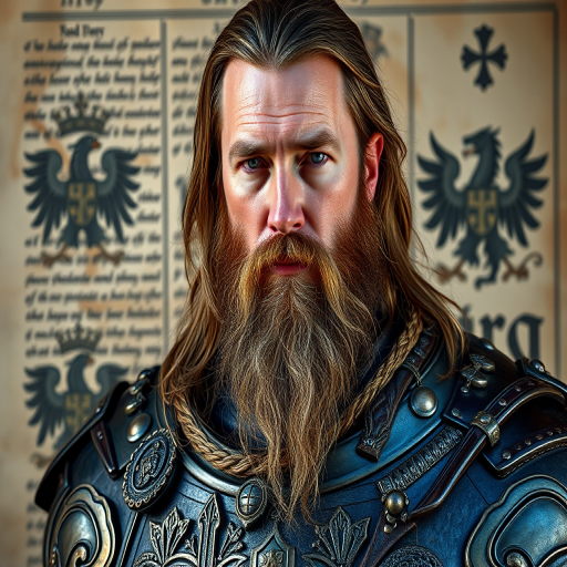 Generate a detailed portrait of a nobleman with a beard and long hair, wearing ornate, historical armor, against a backdrop of faded manuscript and heraldic symbols, captured with a DSLR camera at f/2.8 aperture, 50mm lens, shallow depth of field, and natural lighting to enhance textures and colors.