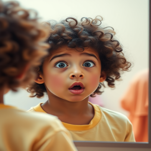 A young person with curly hair looking surprised in front of a mirror, bright colors, soft focus background, captured with a DSLR camera at f/1.8, ISO 100, 50mm lens, natural lighting, high-resolution digital illustration.