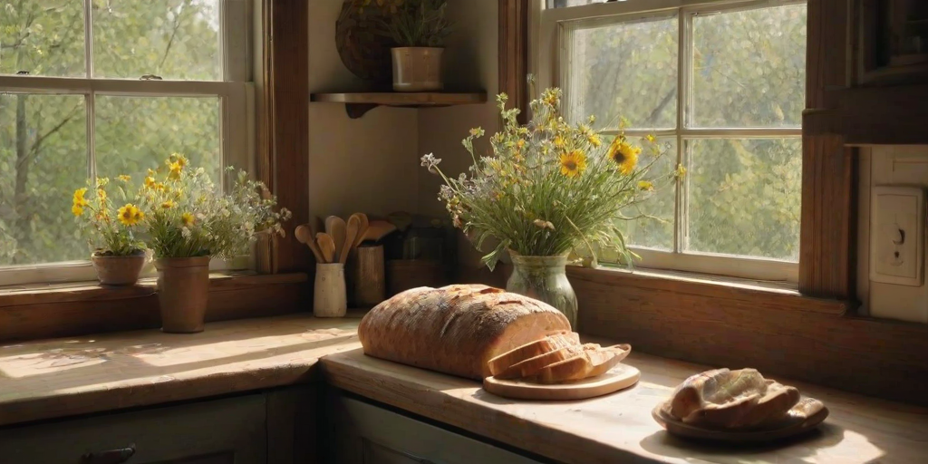 Clear, soft morning light streaming through a large bay window in a rustic kitchen, a fresh loaf of bread cooling on the countertop, wildflowers in a vase nearby, soft shadows from the trees outside dancing on the wooden floor, the faint smell of fresh herbs lingering in the air.