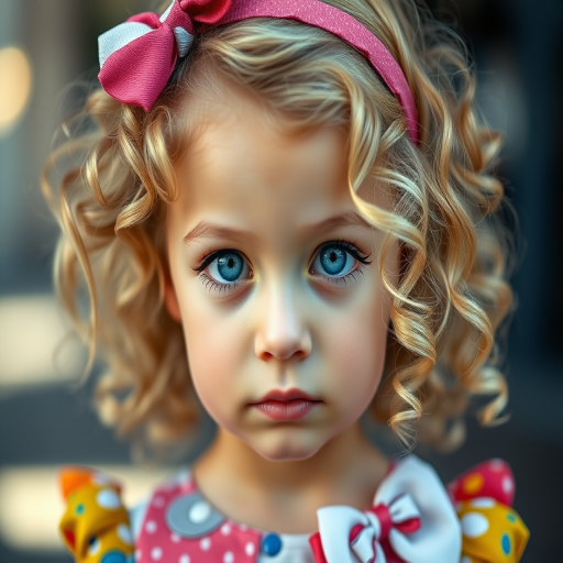 Regenerate a close-up portrait of a young girl with curly blonde hair and striking blue eyes, wearing a vibrant outfit with large bows, in soft focus with a bokeh background, using a DSLR camera, 85mm lens, aperture f/1.8, ISO 100, shooting in natural light to enhance color and detail.