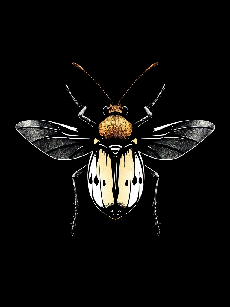 Generate a high-resolution vector image of a stylized insect, centered on a black background, using a Canon EOS R5 with a 50mm f/1.2 lens, aperture set to f/4, ISO 100, and a slight vignette for emphasis.