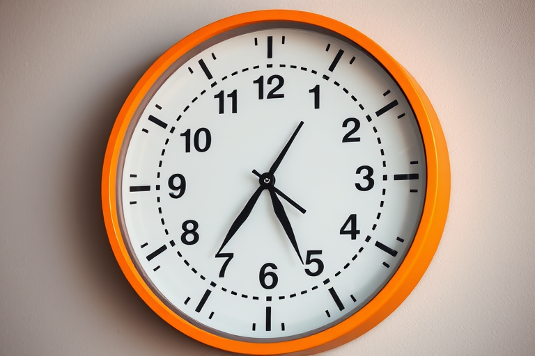 A Bright Orange Wall Clock Displaying the Time in Bold Black Numbers