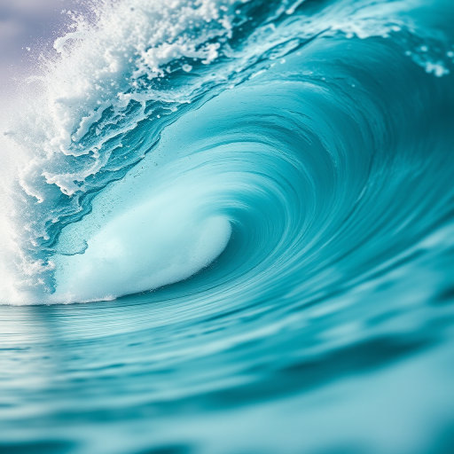 High-resolution image of a powerful ocean wave crashing, shot with a Canon EOS R5, ISO 100, f/8, 1/1000 sec, wide-angle lens, low-angle view, capturing intricate details of water motion and vibrant turquoise hues.