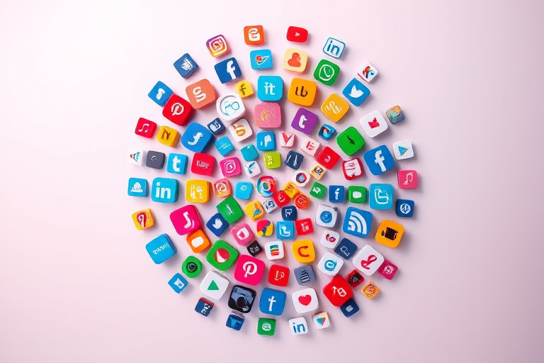 Create a vibrant and colorful spiral of various social media icons against a soft gradient background, taken with a DSLR camera at f/8, ISO 100, 50mm lens, with a high dynamic range and sharp focus for enhanced image quality.