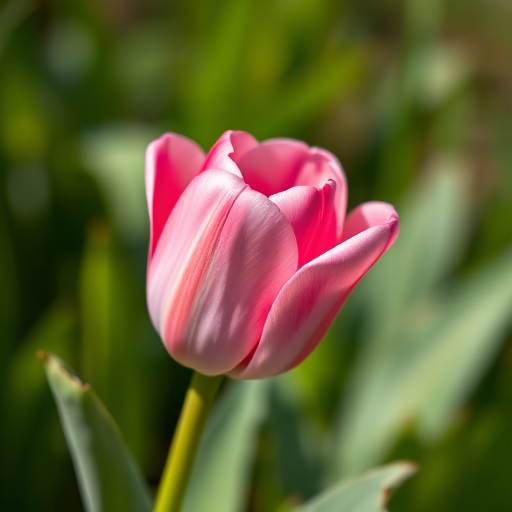 Generate a high-resolution image of a single pink tulip with a green stem and leaves, captured with a DSLR camera at f/2.8 aperture, 50mm lens, natural lighting, macro view to emphasize details, and a soft focus background for enhanced depth.