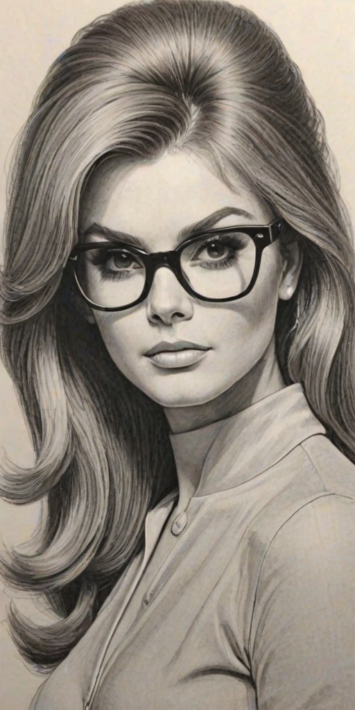 Graceful Ann-Margret, pencil sketch, portrait of Attractive woman 1968s in glasses, hair style beatnik, outline, clear lines, fine lines, 8k