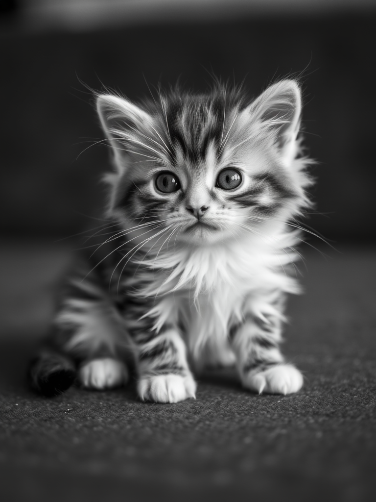 A close-up shot of a fluffy kitten sitting on a textured surface, using a DSLR camera with a 50mm lens, aperture set to f/1.8 for shallow depth of field, ISO 200 for low noise, and a shutter speed of 1/200s in black and white to capture soft contrasts and details.