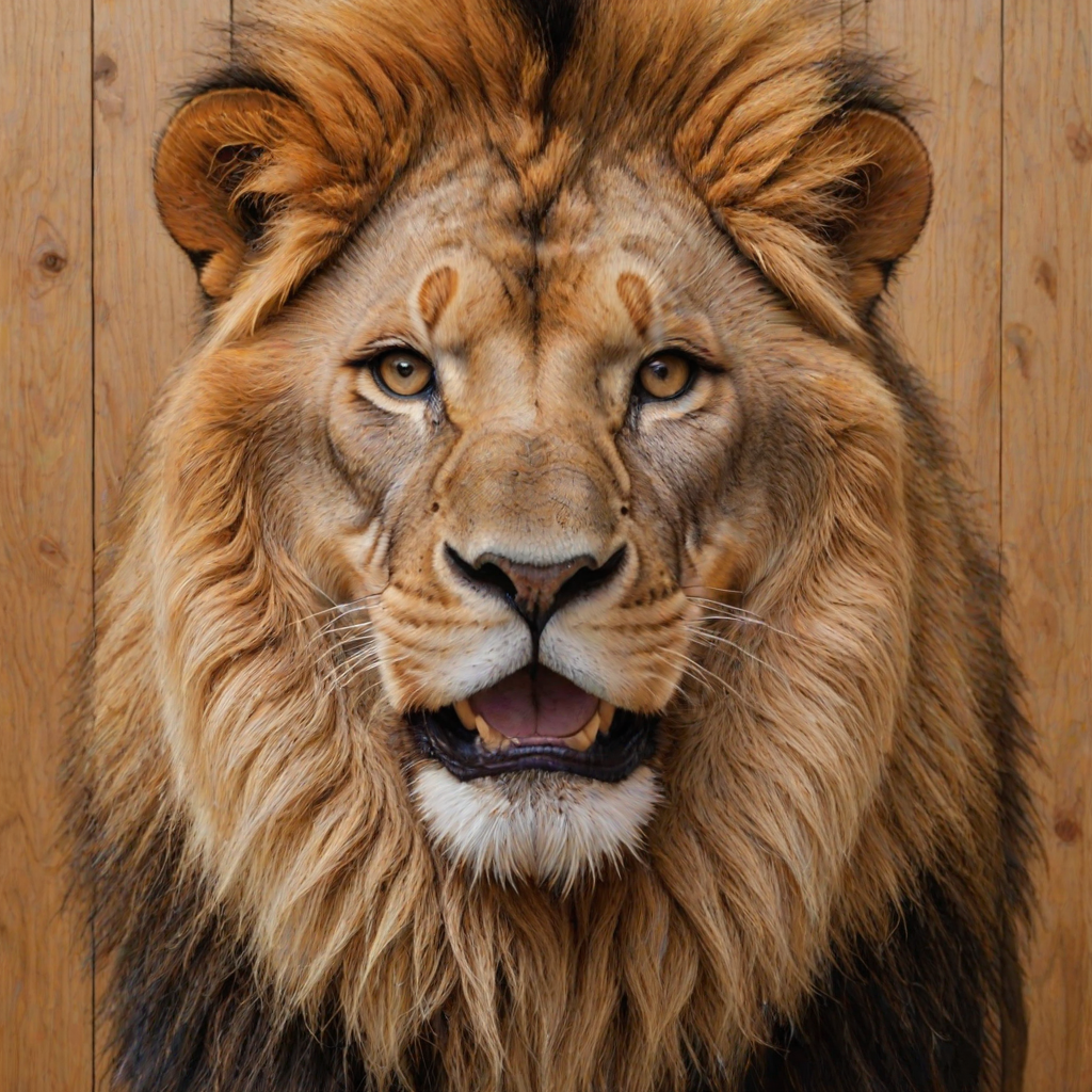 photorealism. a lion, sitting, doing duck face with its lips. plain wood panel bg