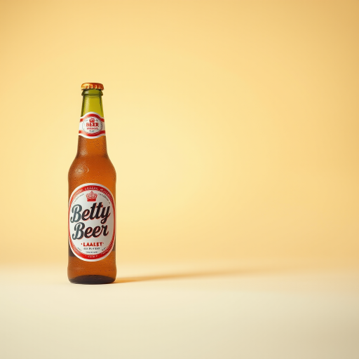 Generate a high-resolution image of a bottle labeled "Betty Beer" on a plain background, using a Canon EOS 5D Mark IV with a 50mm f/1.8 lens, aperture set to f/2.8, ISO 100, and a slight vignette effect for focus enhancement.
