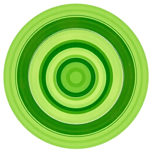 Create an abstract circular pattern with concentric circles in varying shades of green, using a DSLR camera with a 50mm lens, aperture f/1.8, ISO 100, shot from a center frontal view in natural light for enhanced image quality.