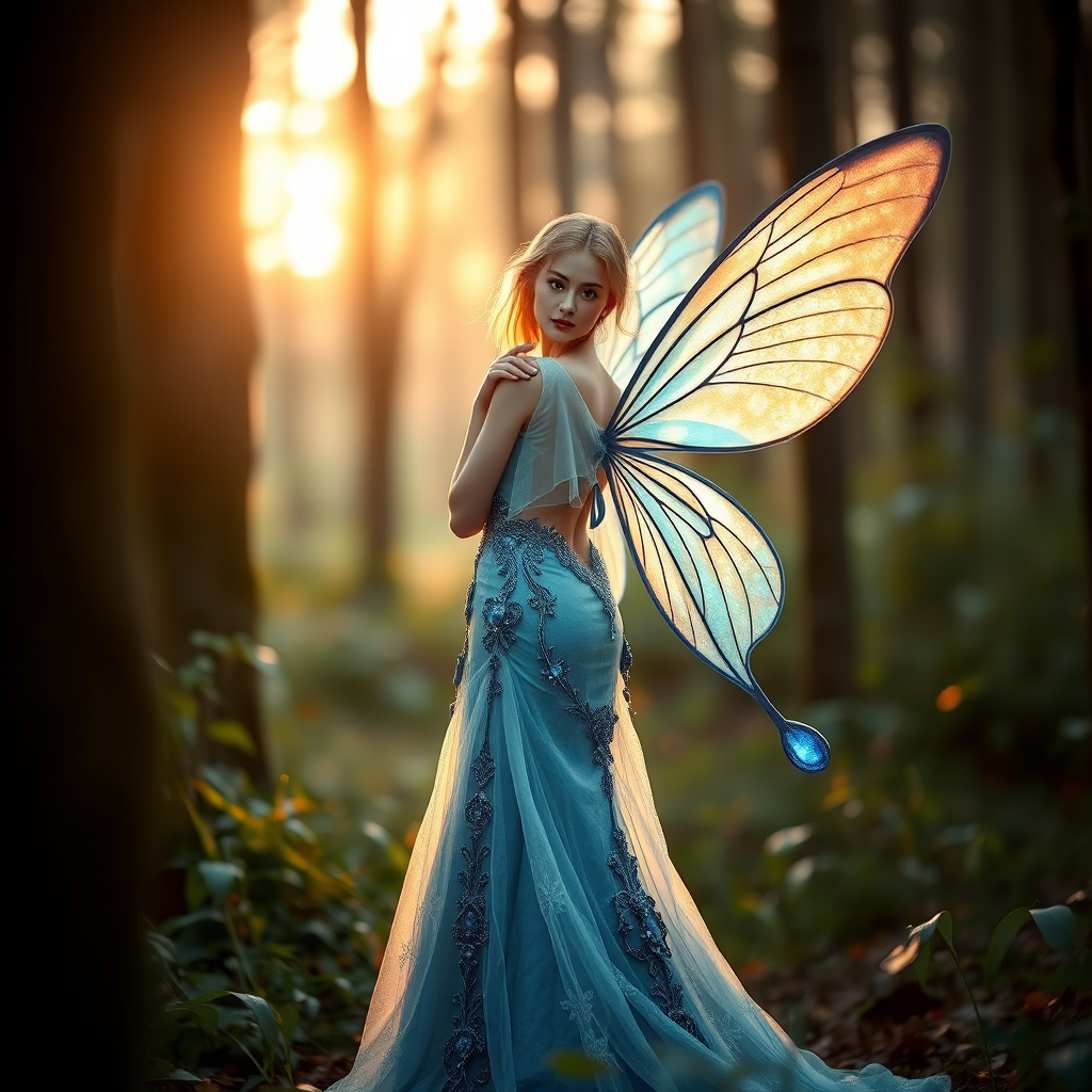 A serene fairy in a magical forest, wearing an intricate blue gown with shimmering details and large iridescent wings, soft ethereal lighting, depth of field focus, captured with a Canon EOS R5, 50mm lens, f/1.8 aperture, ISO 100, shot at sunset for warm tones.