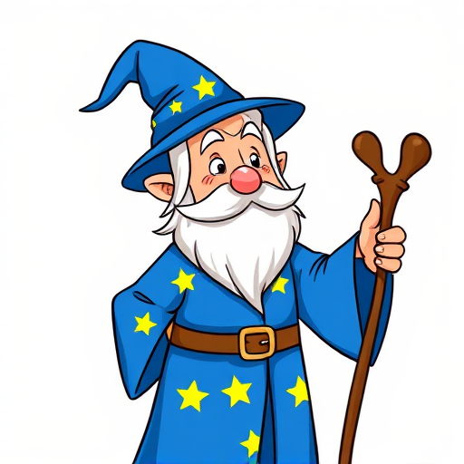 Create a vibrant illustration of a cartoon wizard wearing a blue robe adorned with yellow stars, holding a wooden staff, with a whimsical blue pointed hat, set against a simple, colorful background; use a DSLR camera with a 50mm lens, aperture f/2.8, ISO 100, natural light, and a shallow depth of field for enhanced clarity and vibrancy.