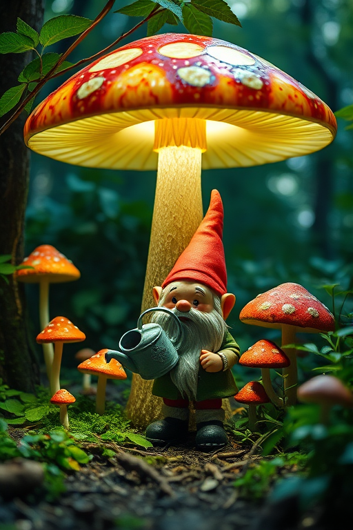 Create an enchanting fantasy scene with a cheerful gnome standing under a large glowing mushroom, holding a watering can, surrounded by smaller mushrooms and lush greenery, use a DSLR camera with a 50mm lens, aperture set to f/2.8 for shallow depth of field, ISO 200 for sharpness, with soft diffused lighting to enhance colors and details in a whimsical forest setting.