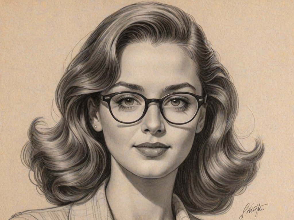 Exquisite Jaleel White, pencil sketch, portrait of Charming woman 1941s in glasses, hair style beatnik, outline, clear lines, fine lines, 8k