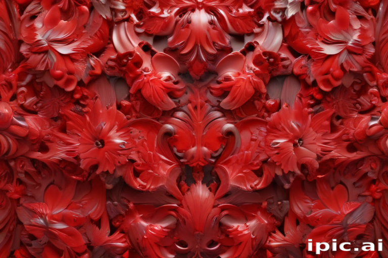 Intricate Floral Design in Deep Red Tones with Textured Relief Patterns