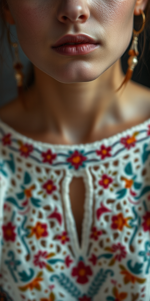 Face, shoulders, chest covered in openwork Ukrainian embroidery. Raw, unedited image.