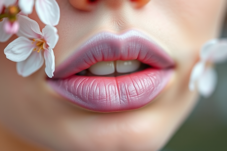 Delicate pastel lilac lips with a frosted finish, ethereal and dreamy, evoking the softness of spring blossoms in full bloom