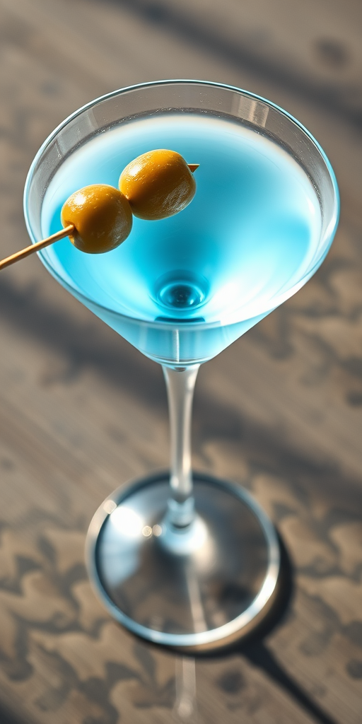 Create a high-resolution vector image of a martini glass filled with a light blue liquid and an olive on a skewer, captured with a DSLR camera using a 50mm lens, aperture set to f/1.8, ISO 100, in a top-down view with soft natural lighting to enhance clarity and detail.