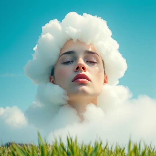 create a surreal image of a human face emerging from a soft cloud-like background, shot with a Canon EOS R5 at f/1.8, ISO 100, 50mm lens, using a shallow depth of field and soft focus to enhance ethereal quality, with a bright sky blue backdrop and green grass at the bottom.