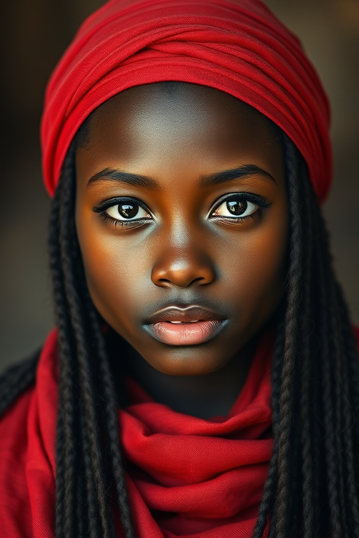 Create a portrait of a young Zulu woman with long, dark hair and captivating hazel eyes. She is wearing a red headscarf and a matching scarf draped gracefully around her neck. The background is softly blurred, focusing attention on her serene and natural expression. The overall color palette is muted and warm, enhancing the intimate and authentic feel of the portrait.