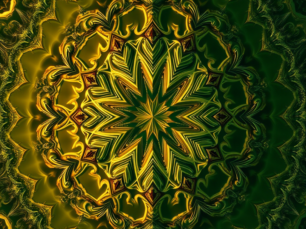 Generate a highly detailed fractal pattern with intricate designs and rich color gradients emphasizing golden and deep green hues, using a Canon EOS 5D Mark IV, f/8 aperture, ISO 100, 24mm lens, focusing on symmetry and depth of field, shot in a macro style for enhanced clarity and texture.