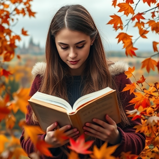 Regenerate the image of a young woman reading a book surrounded by swirling autumn leaves with a background of distant castles, using a DSLR camera, 50mm lens, f/1.8 aperture, ISO 100, with soft focus and high dynamic range for enhanced detail and color vibrancy.