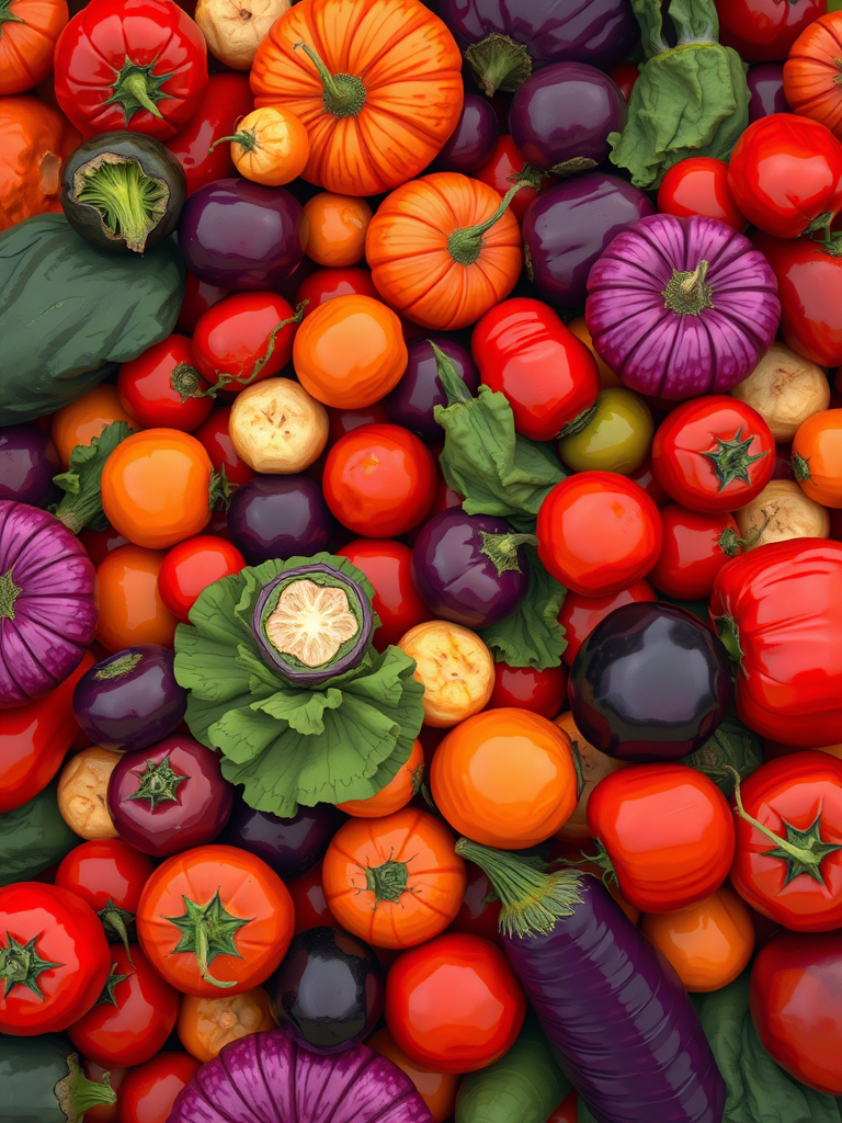 Create a vibrant illustration of a vegetable pile with rich colors, using a DSLR camera with a 50mm lens, f/1.8 aperture, ISO 100, shot from a top-down view to enhance detail and texture.