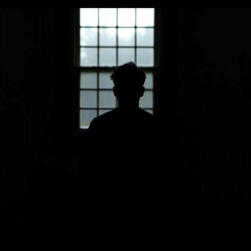 Create a dimly lit image of a person in silhouette with a window in the background, shot with a DSLR camera at f/1.8, ISO 800, shutter speed 1/60s, in portrait view, using a low-angle shot to emphasize the shadow on the floor.