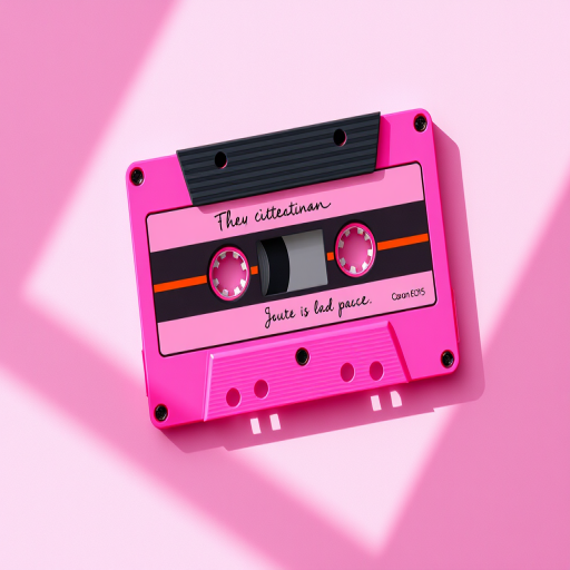 Create a vibrant illustration of a pink cassette tape with a black casing, featuring a playful handwritten label, captured with a Canon EOS R5 at f/8, ISO 100, 50mm lens in a top-down view with soft, diffused natural lighting to enhance colors and details.