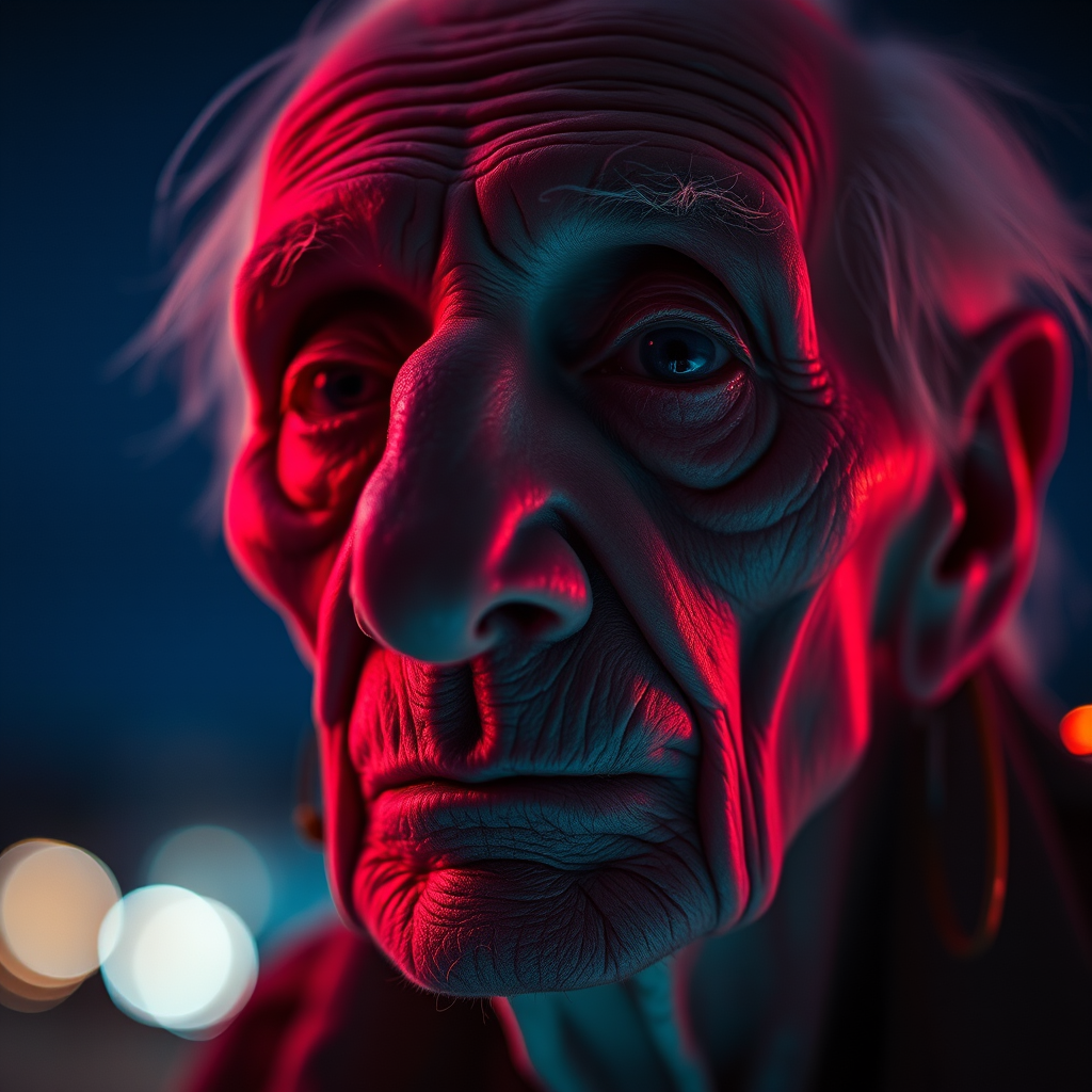 create a close-up perspective view fine art photography contemporary style of an elderly worn albino’s face with a soft, candid expression on a blurred sky black light background.Showcasing a modern style characterized by vibrant blacklight tones, using dramatic lighting and soft gradients to create a fine art atmosphere. The focus is on the light and facial features. motion light blur, neon backlit