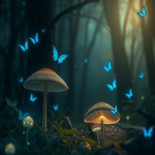 Generate a mystical forest scene at night with glowing mushrooms and delicate blue butterflies fluttering around. The atmosphere should be enchanted, with soft lighting and a sense of tranquility. Include hints of sparkling particles in the air to enhance the magical feel.