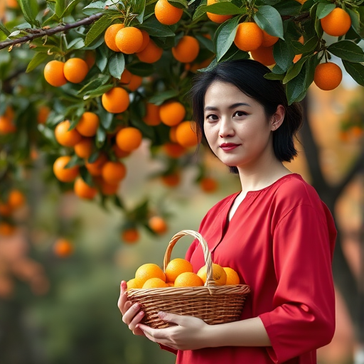 A woman in a red shirt stands under a tree with orange fruits, holding a basket of oranges, soft-focus background with autumn leaves, shot with a Canon EOS R5, 85mm lens, f/1.8 aperture, ISO 200, natural light.