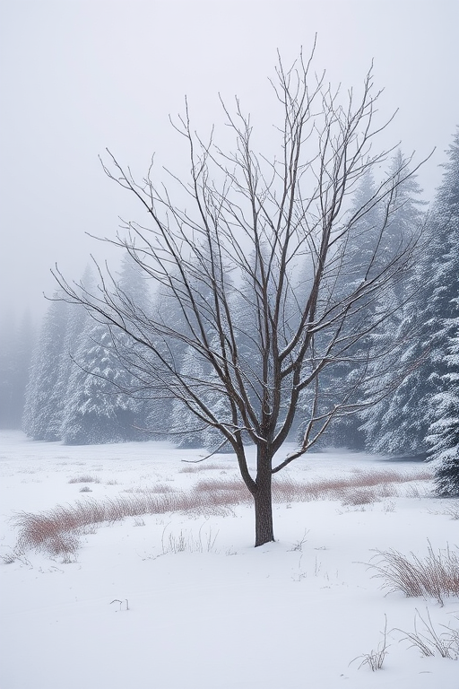 Capture a winter landscape featuring a barren tree lined by snow-covered evergreens, with a foggy atmosphere; use a DSLR camera with a 24mm lens, aperture f/8, ISO 200, shutter speed 1/200s, in natural light to enhance image quality.