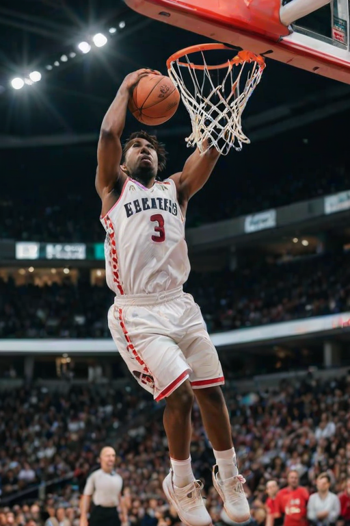 Blurry action shot of a basketball player leaping for a dunk, the ball suspended in mid-air, soft focus on the crowd cheering in the background, and the intense energy of the game.