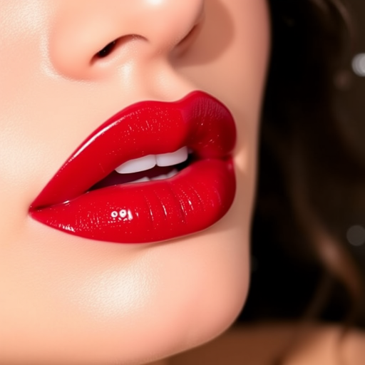 Vibrant Cherry Burst lips feature a glossy red hue with subtle gold shimmer, creating a bold and alluring look perfect for evening events and glamorous occasions.