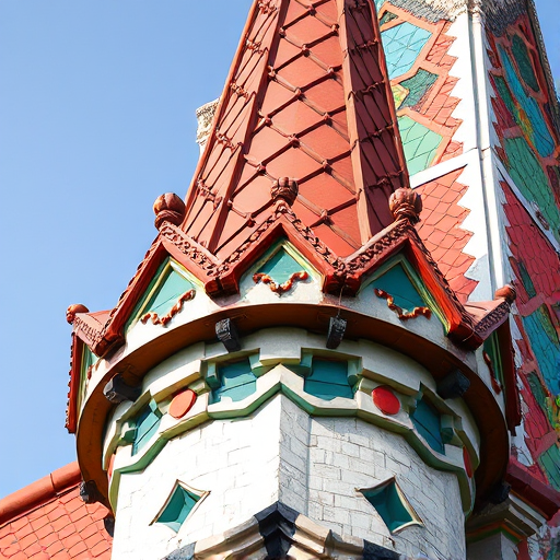 Take a high-resolution photograph of a colorful architectural detail featuring a pointed turret with intricate tiles and decorative elements, using a DSLR camera with a 50mm lens, aperture set to f/8 for sharpness, ISO 100 to reduce noise, and natural lighting for vibrant color capture.