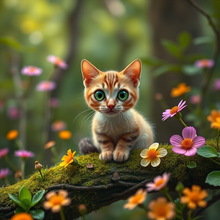 Create a hyper-realistic image of a whimsical cat with large green eyes sitting on a mossy branch surrounded by vibrant flowers in a lush forest setting, using a DSLR camera with a 50mm lens, f/1.8 aperture, ISO 100, and a shallow depth of field to enhance details and colors.