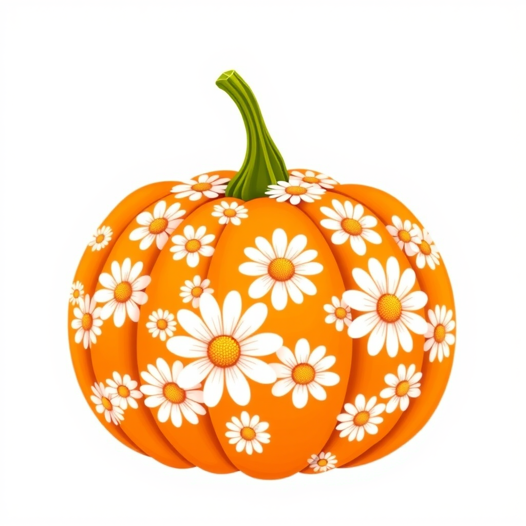 a whimsical orange pumpkin with white daises pattern covering the pumpkin. Solid white background sublimation vector 3000dpi 32k